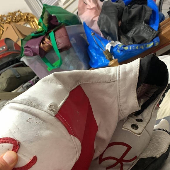 Women’s White red protective gear Akoury leather biker suit with protection 2 pc - Picture 17 of 17